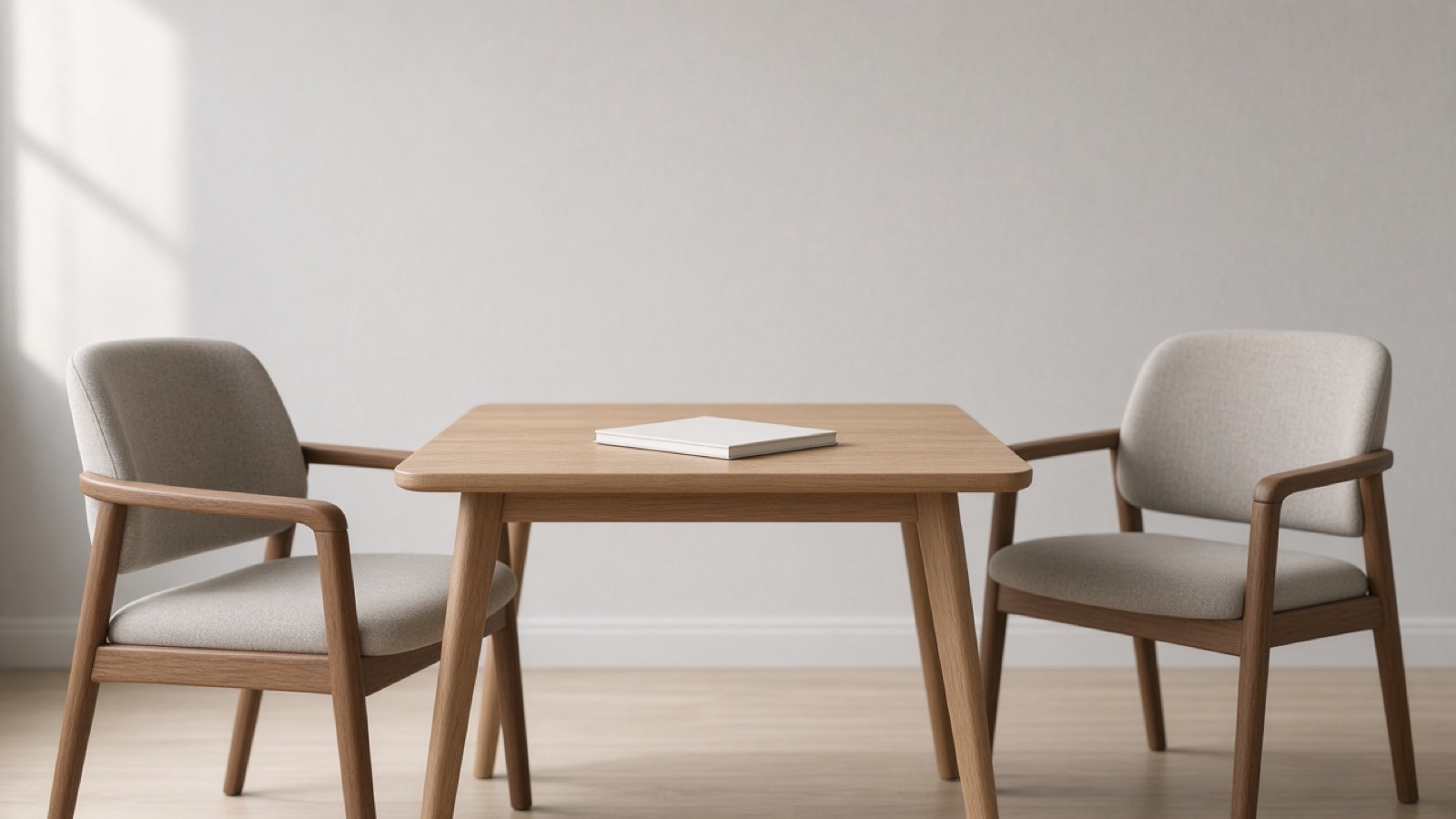 Two chairs and a closed notebook across a small table