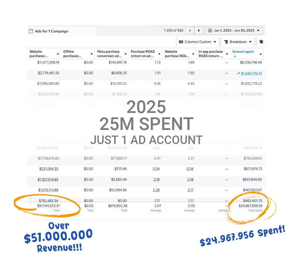 Ads Manager screenshot showing $24.97M in spend and $51.14M in tracked revenue