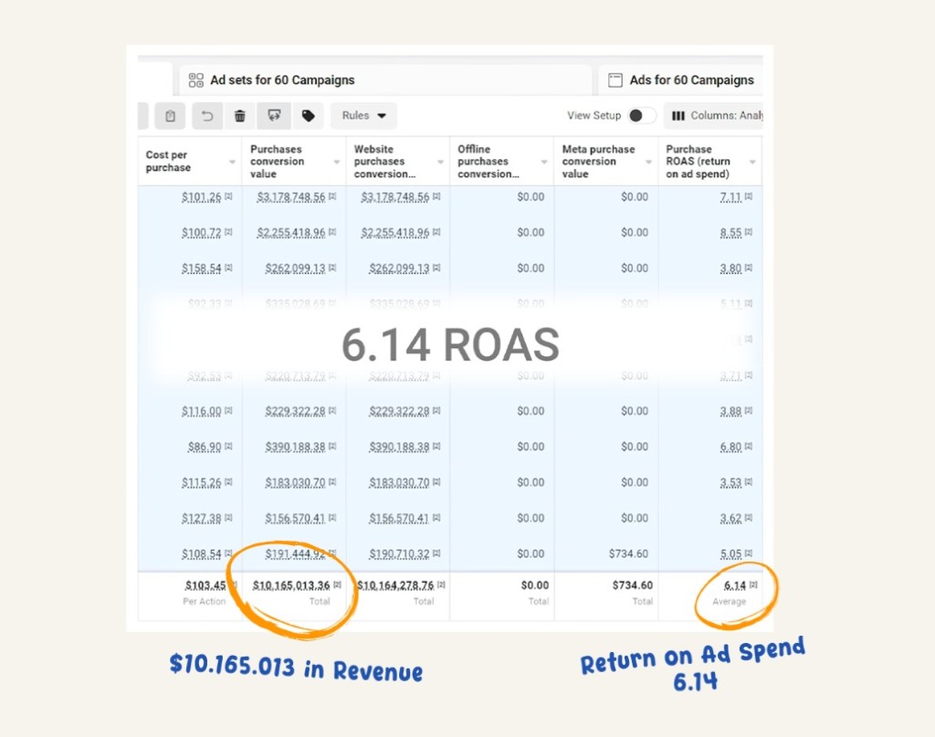 Ads Manager screenshot showing 6.14 ROAS and $10.2M in tracked revenue