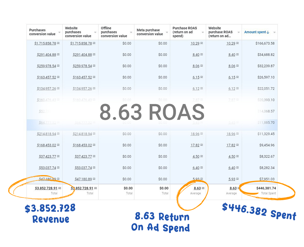 Ads Manager screenshot showing 8.63 ROAS and $446K in ad spend